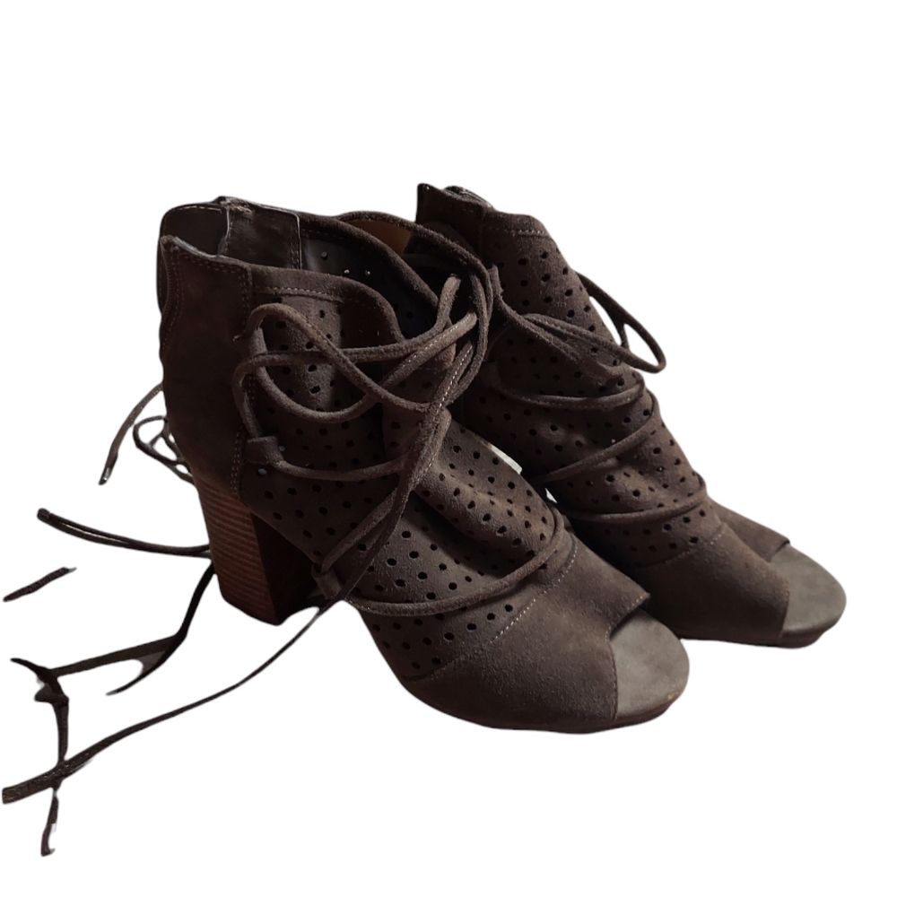 Western Leather Ankle Boots 8 Tan Kalio Wrap Lace Peep Toe Perforated Festival
